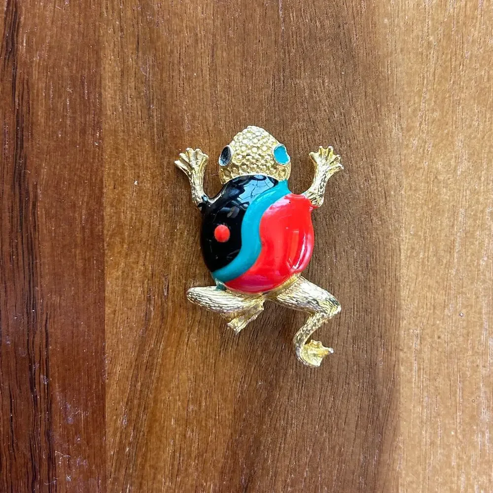 Vintage Enamel Frog Brooch | Gold Tone Multicolor Figural Pin Retro Jewelry